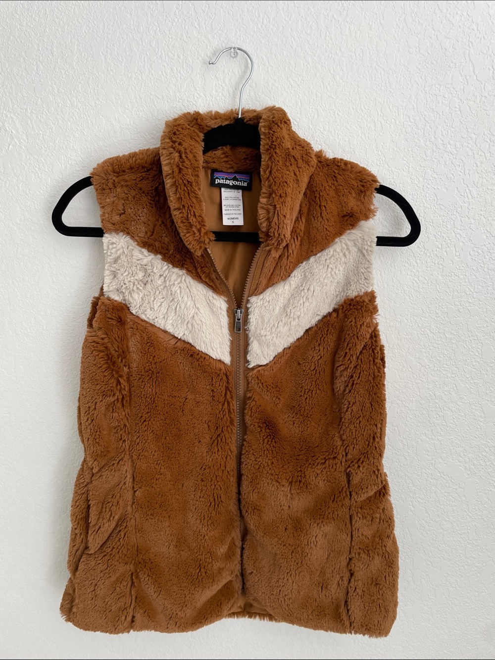 Patagonia Brown Faux-Fur Chevron Zip Vest with Cream Accent